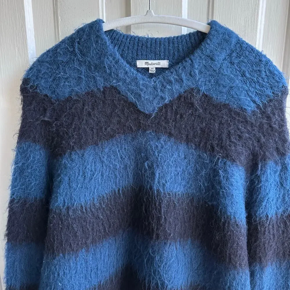 Madewell Brushed V-Neck Sweater | Heather Lapis Blue Stripe | XS